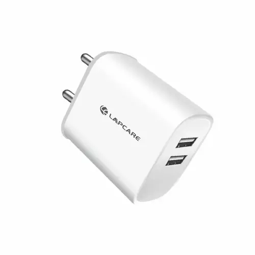 Lapcare Wall Charger LWC‑672: dual USB-A ports delivering 5 V/2.4 A combined, universal 100–240 V input, compact (~50 g) travel-ready design with built‑in short‑circuit protection.