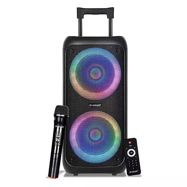 lapcare LAPSONIC III LPS‑333: 50 W powerful stereo with wireless mic, Bluetooth/Mic/USB/TF/FM support, LED lighting & remote control—ideal for parties