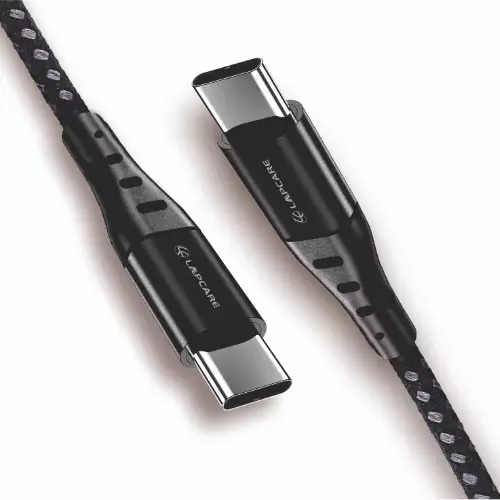 Lapcare Type‑C to Type‑C PD 18 W braided cable (LDCCC 18W): 5 V/3.6 A fast charging, up to 1 Gbps data sync, durable nylon braid & metal shell, 1.2 m length.