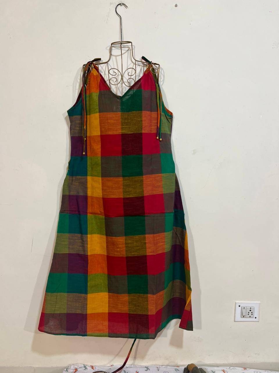 Kanmani's Free-Size Strappy Dress in Madras Checks - Green Hues