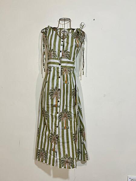 Leher's Sleeve-Less Fit & Flare Dress - White & Green Stripes with Palms