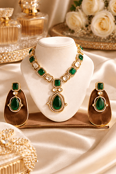 Green onyx and white Kundan Necklace Set with Matching Earrings