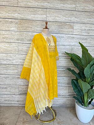 Pure Handloom Cotton Dupatta Set Yellow
