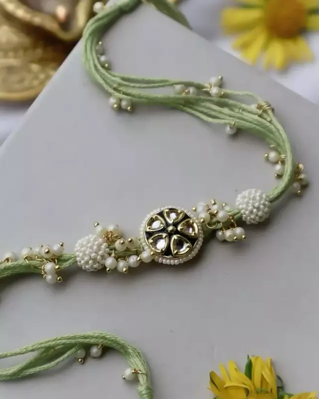 Mint Green Kundan Pearl Rakhi