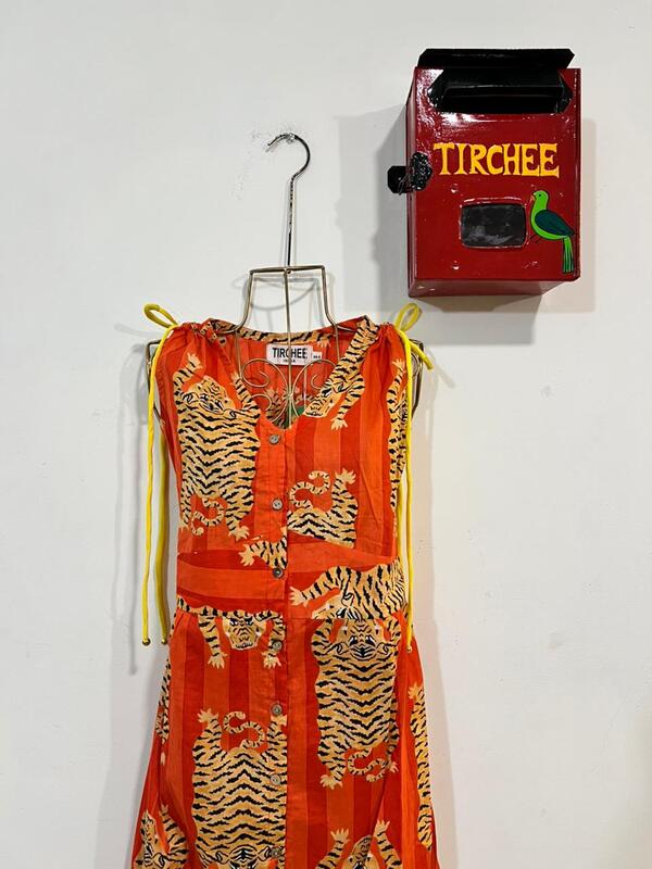 Leher's Sleeve-Less Fit & Flare Dress - Orange stripes & Tigers