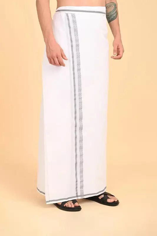 Men’s 100% Cotton Double-Layer White Veshti with Fancy Border-Grey/SS