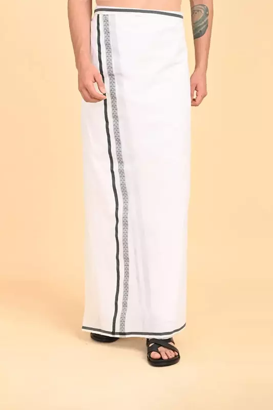 Men’s 100% Cotton Double-Layer White Veshti with Fancy Border-Drak Green