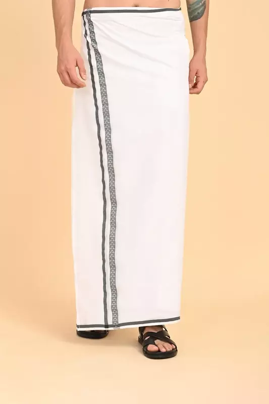 Men’s 100% Cotton Readymade Double-Layer White Veshti with Fancy Border-Dark Green/SS