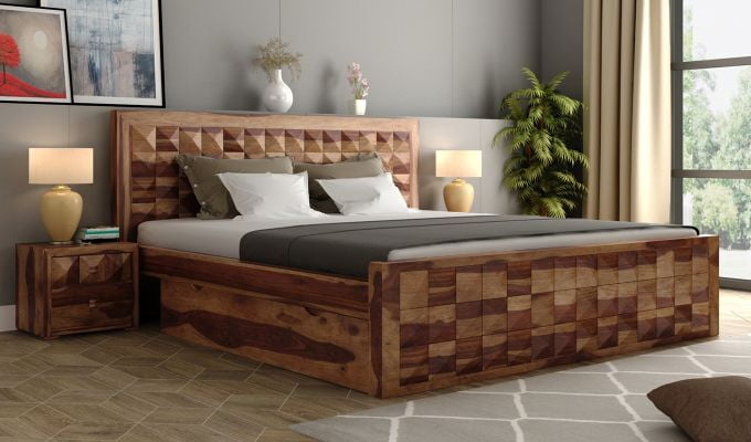 Solid Sheesham Wood Diamond King Size Bed with Side Tables Solid Sheesham Wood Diamond King Size Bed with Side Tables