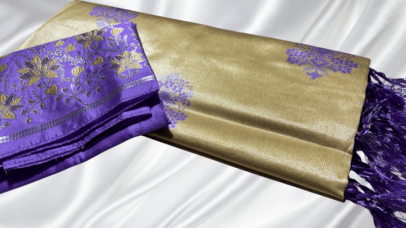 Silver Tissue Floral Silk Saree - Beige & Lavendar