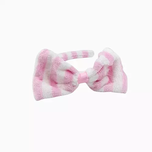 Baby Pink Striped Plush Bow Headband - Soft Spa Hair Band
