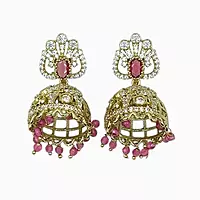 Gold-Plated CZ Jhumka Earrings with PInk Bead Droplets