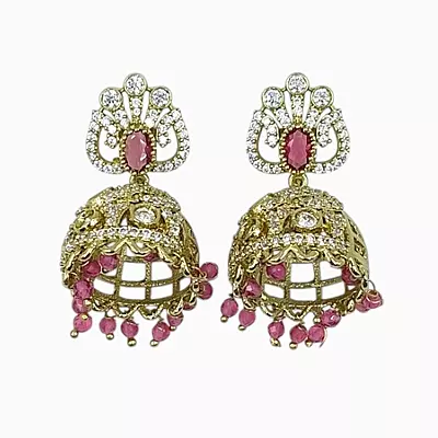 Gold-Plated CZ Jhumka Earrings with PInk Bead Droplets