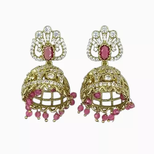 Gold-Plated CZ Jhumka Earrings with PInk Bead Droplets