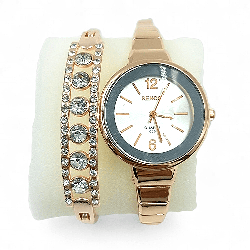 White Renos Rose Gold Women’s Watch & Crystal Bangle Gift Set