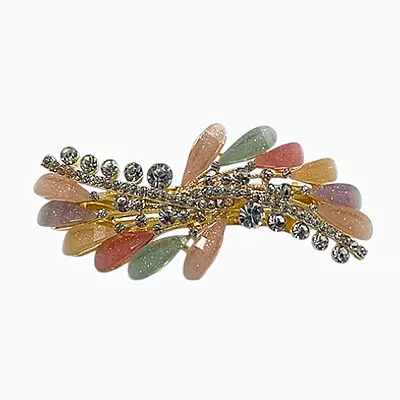 Colorful Crystal Leaf Hair Barrette - Elegant Gold Finish