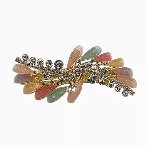 Colorful Crystal Leaf Hair Barrette - Elegant Gold Finish