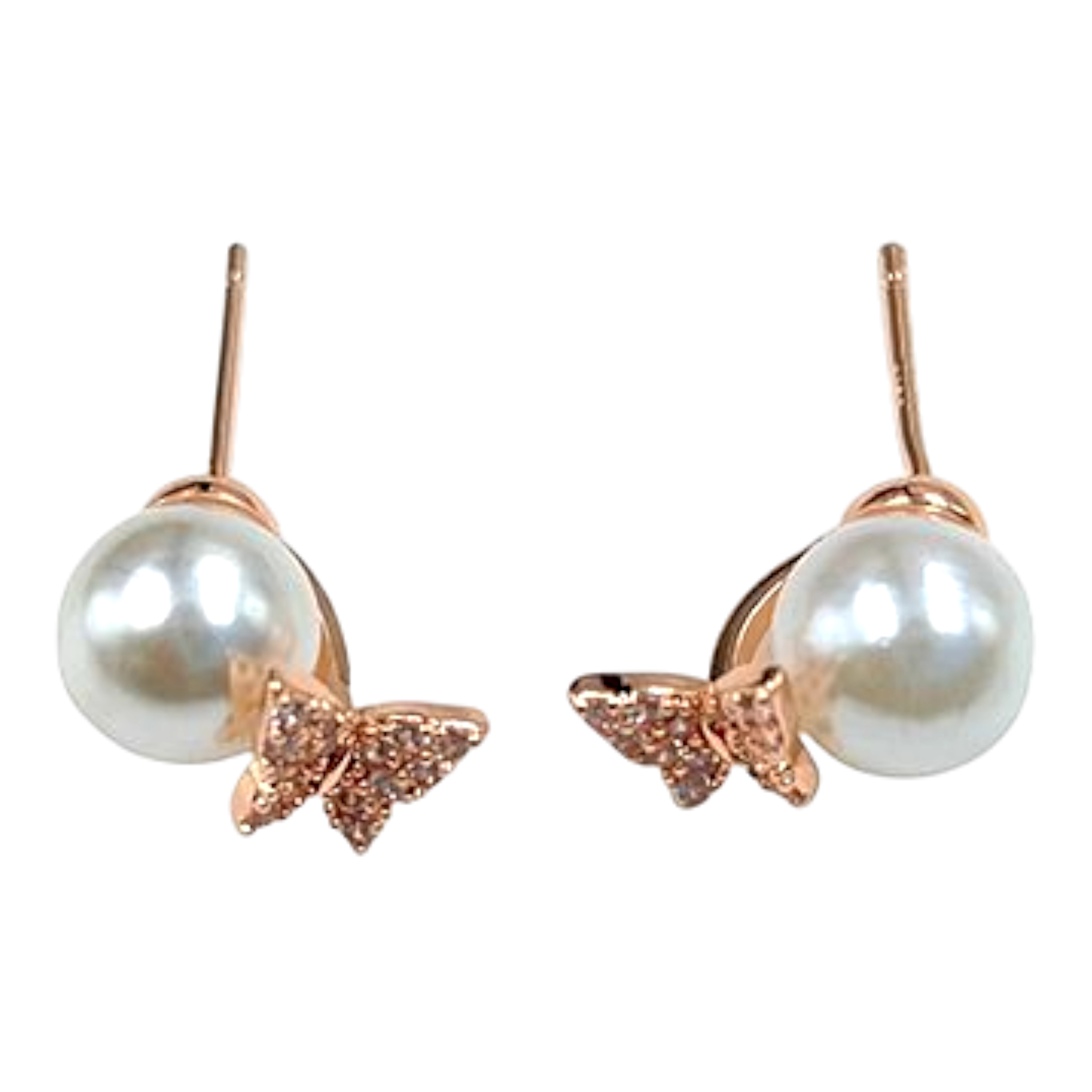 Elegant Pearl & Pave CZ Butterfly Stud Earrings
