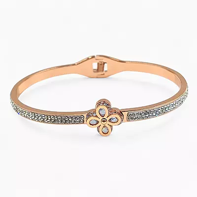 Elegant Rose Gold Flower & Crystal Bangle Bracelet