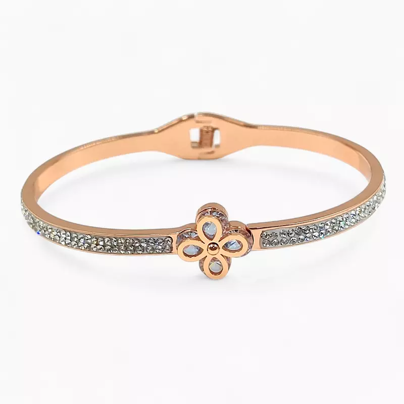 Elegant Rose Gold Flower & Crystal Bangle Bracelet