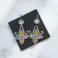 Colorful Gemstone Chandelier Earrings - Silver-Toned Floral Drop Earrings
