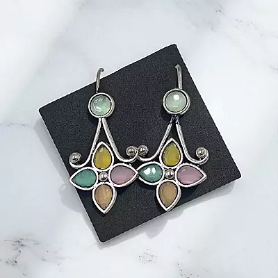 Colorful Gemstone Chandelier Earrings - Silver-Toned Floral Drop Earrings