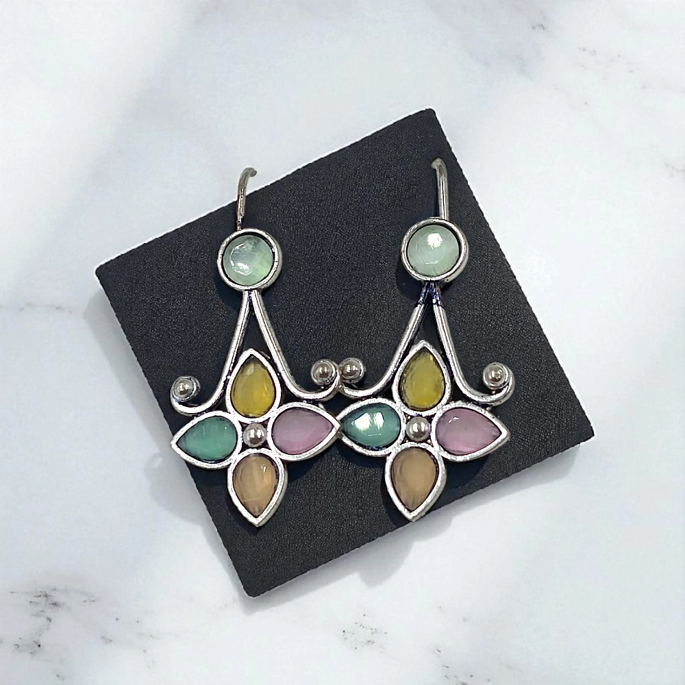 Colorful Gemstone Chandelier Earrings - Silver-Toned Floral Drop Earrings