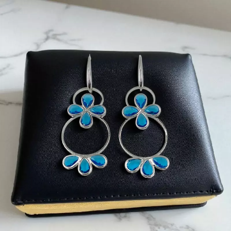 Royal Blue Floral Hoop Earrings - Silver-Toned Statement Dangle Earrings