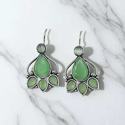 Green Gemstone Dangle Earrings - German Silver Floral Earrings