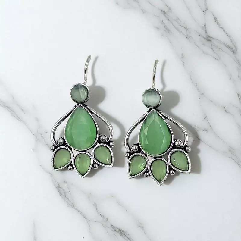 Green Gemstone Dangle Earrings - German Silver Floral Earrings