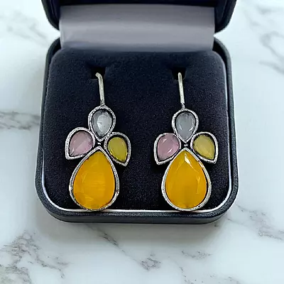 Yellow & Pink Multi-Stone German Silver Dangle Drop Earrings