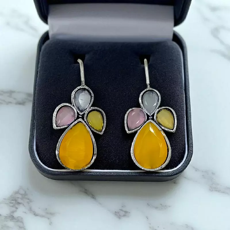 Yellow & Pink Multi-Stone German Silver Dangle Drop Earrings