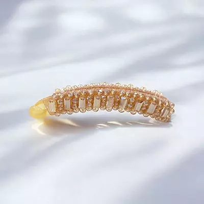 Elegant Champagne Gold Beaded Flexible Banana Hair Clip - Stylish Ponytail Holder