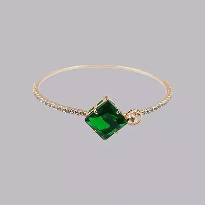 Green Square Stone & Diamond Studded Gold-Toned Bangle Bracelet | Adjustable Fashion Jewelry
