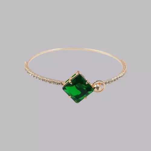 Green Square Stone & Diamond Studded Gold-Toned Bangle Bracelet | Adjustable Fashion Jewelry