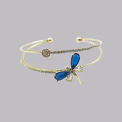 Elegant Blue Dragonfly Gold-Plated Double Cuff Bracelet with Zircon Stones