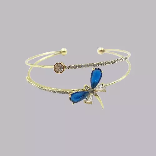 Elegant Blue Dragonfly Gold-Plated Double Cuff Bracelet with Zircon Stones
