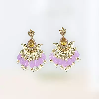 Ethnic Kundan & Bead Chandelier Earrings | Lavender Drops | Traditional Jhumka Style