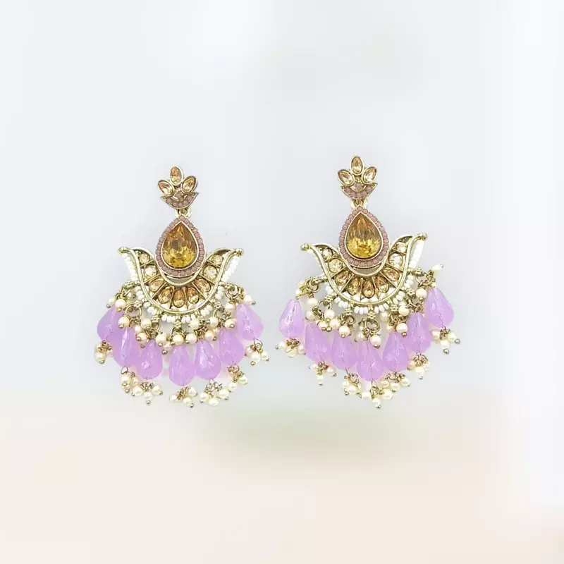 Ethnic Kundan & Bead Chandelier Earrings | Lavender Drops | Traditional Jhumka Style