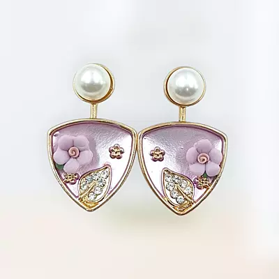 Chic Lavender Enamel Floral & Pearl Drop Earrings | Purple Shield Dangle