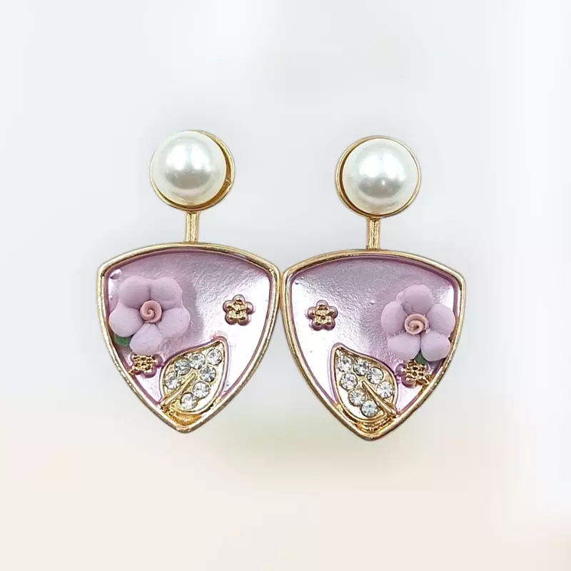 Chic Lavender Enamel Floral & Pearl Drop Earrings | Purple Shield Dangle