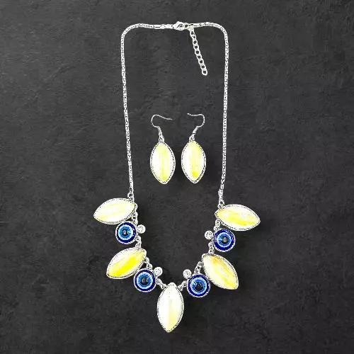 Protective Evil Eye Pendant Yellow Necklace - Dichroic Glass Good Luck Charm