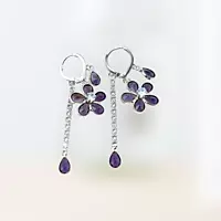 Lavender Diamond Flower Drop Earrings - Long Dangle Statement Jewelry