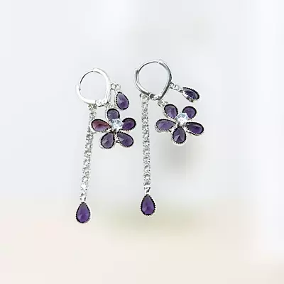 Lavender Diamond Flower Drop Earrings - Long Dangle Statement Jewelry