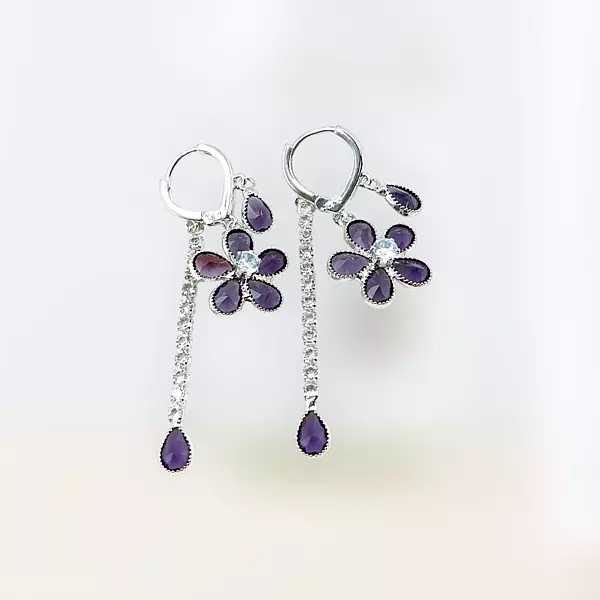 Lavender Diamond Flower Drop Earrings - Long Dangle Statement Jewelry