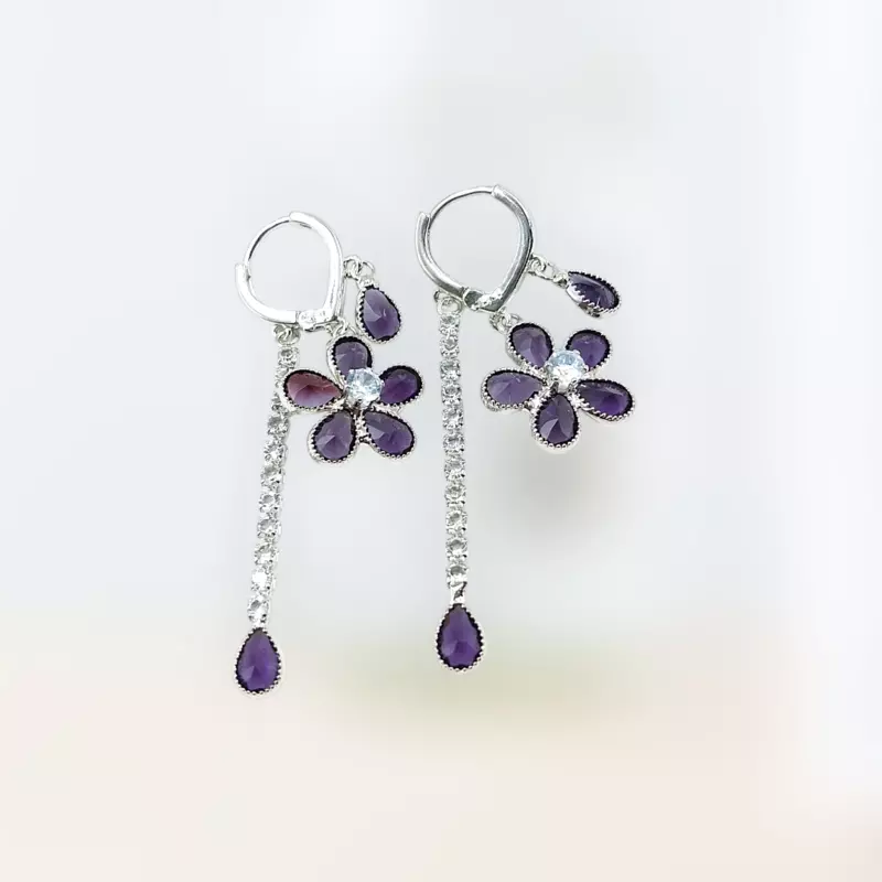 Lavender Diamond Flower Drop Earrings - Long Dangle Statement Jewelry