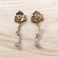 Elegant Rose Gold Flower Drop Earrings with Crystal & Gray Pearl