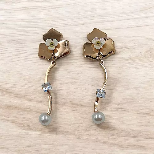 Elegant Rose Gold Flower Drop Earrings with Crystal & Gray Pearl