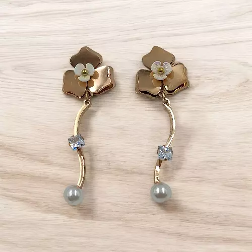 Elegant Rose Gold Flower Drop Earrings with Crystal & Gray Pearl