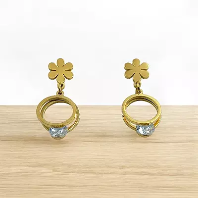 Modern Gold Stainless Steel Anti Tarnish Flower Dangle Earrings with Sparkling Gem